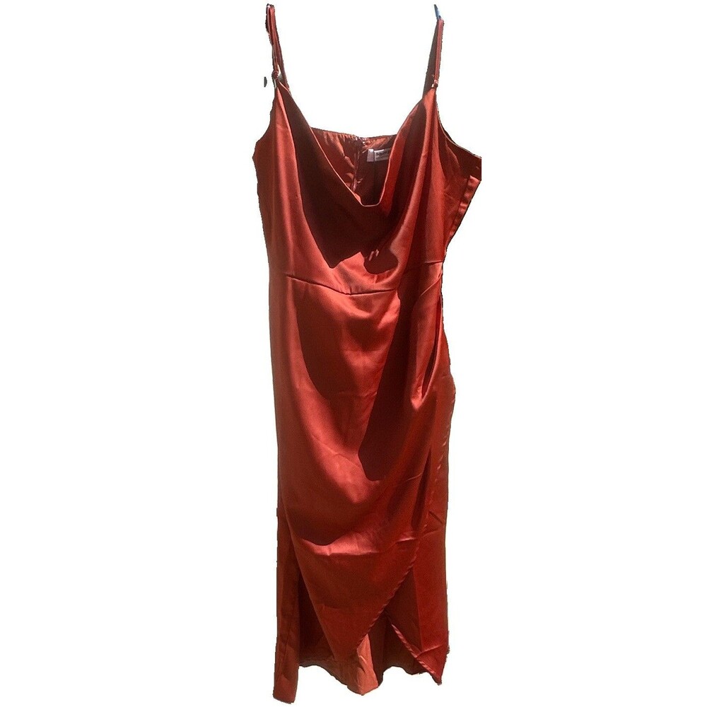 Showpo Dazzling Lights Satin Slip Midi Dress Copper Rust Cowl Neck Womens US 10